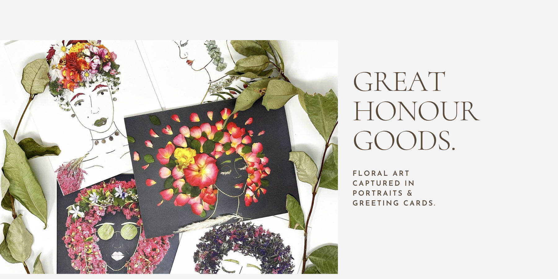 Miquela creates incredible floral artwork from sticks, flowers, and bits of greenery at Great Honour Goods. Available in 8x10 Art Prints & 5-packs of assorted greeting cards. 